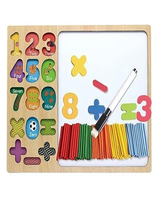 DAYANIDHI 1234 Numeric Puzzles for Kids Mathematical Equations Tool & Toddlers Educational & Developing Mind Gaming Skill Abilities Wooden 1 to 9 & 0 White Surface Drawing Board (Pack of 1) - Image 1